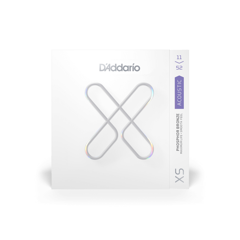 D’Addario XS Acoustic guitar strings, phosphor bronze, gauge 11-52, in white packaging with a large metallic X design on the front.