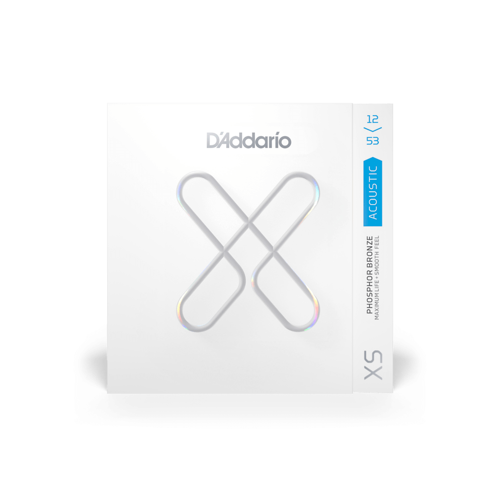 D’Addario XS Phosphor Bronze Acoustic Guitar Strings, gauge 12-53, white box with a large iridescent X design.