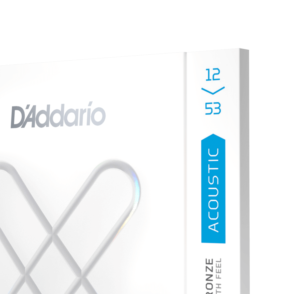 D'Addario acoustic guitar strings, gauge 12-53, in white packaging with blue accents.