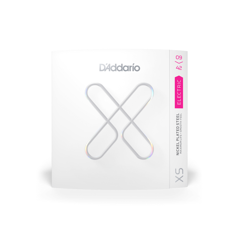 D’Addario XS electric guitar strings in a white box with a large metallic X design and magenta label indicating nickel plated steel.