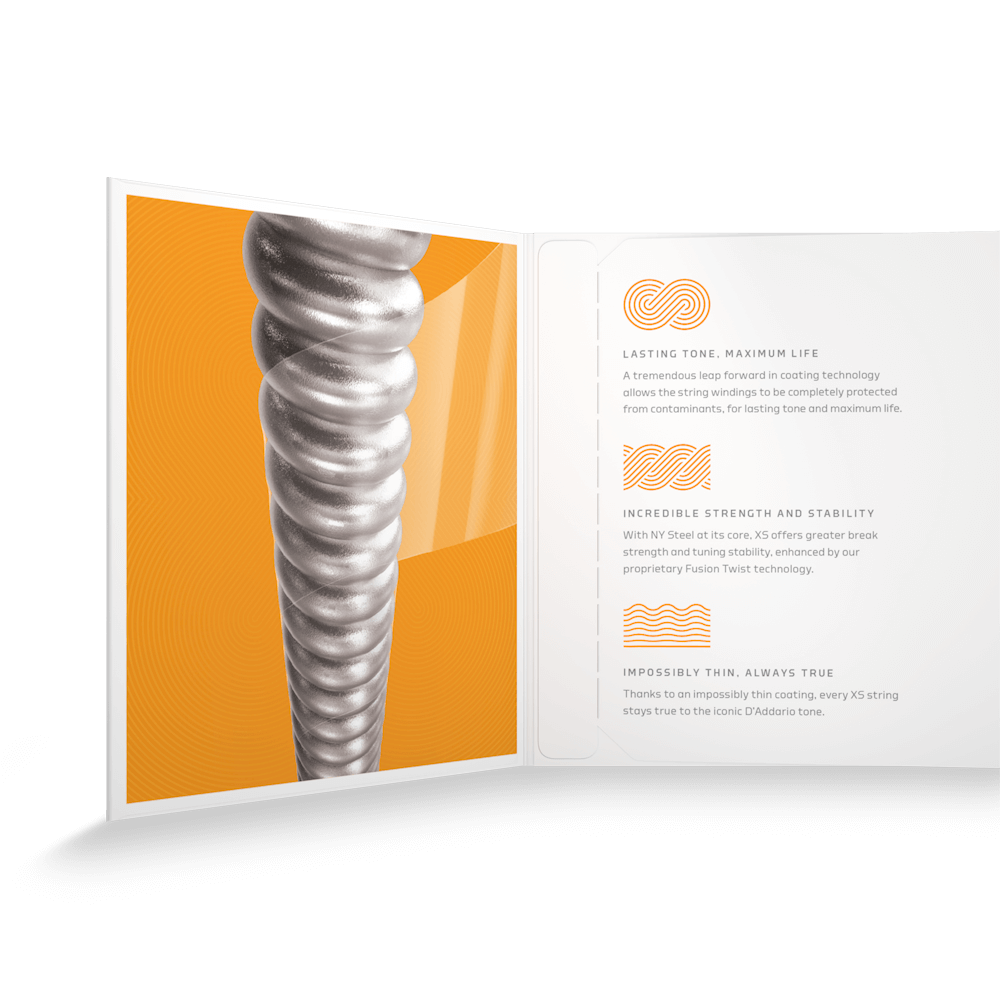 Close-up of metallic guitar string windings on orange left side, with product strengths and three icons listed on a white background to the right.