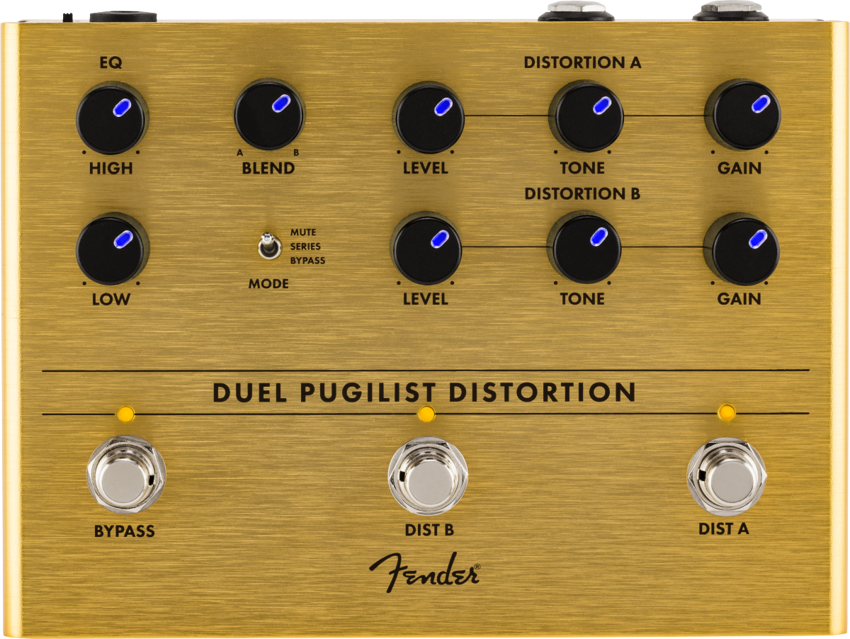 Fender Duel Pugilist Distortion pedal with nine knobs, a mode switch, and three footswitches labeled BYPASS, DIST B, and DIST A on a gold panel.