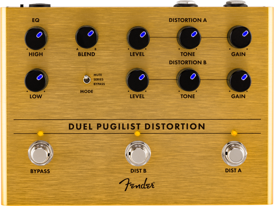 Fender Duel Pugilist Distortion pedal with nine knobs, a mode switch, and three footswitches labeled BYPASS, DIST B, and DIST A on a gold panel.