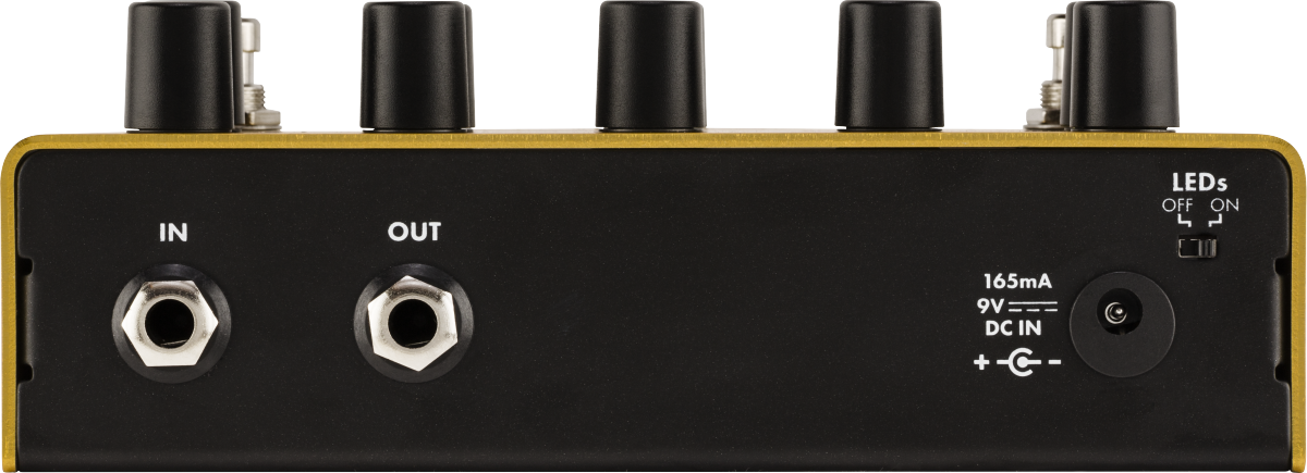 Guitar effects pedal back panel with IN and OUT jacks, 9V DC power input, LED ON/OFF switch, and four control knobs on top.