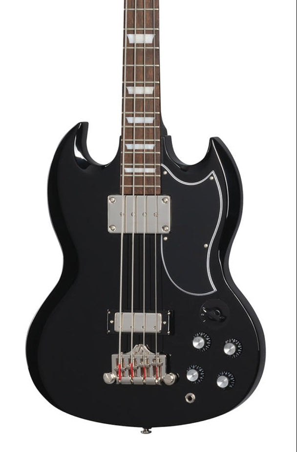 Black bass guitar with a double-cutaway body, chrome hardware, four control knobs, two pickups, and a dark fretboard with rectangular inlays.