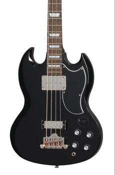 Black bass guitar with a double-cutaway body, chrome hardware, four control knobs, two pickups, and a dark fretboard with rectangular inlays.