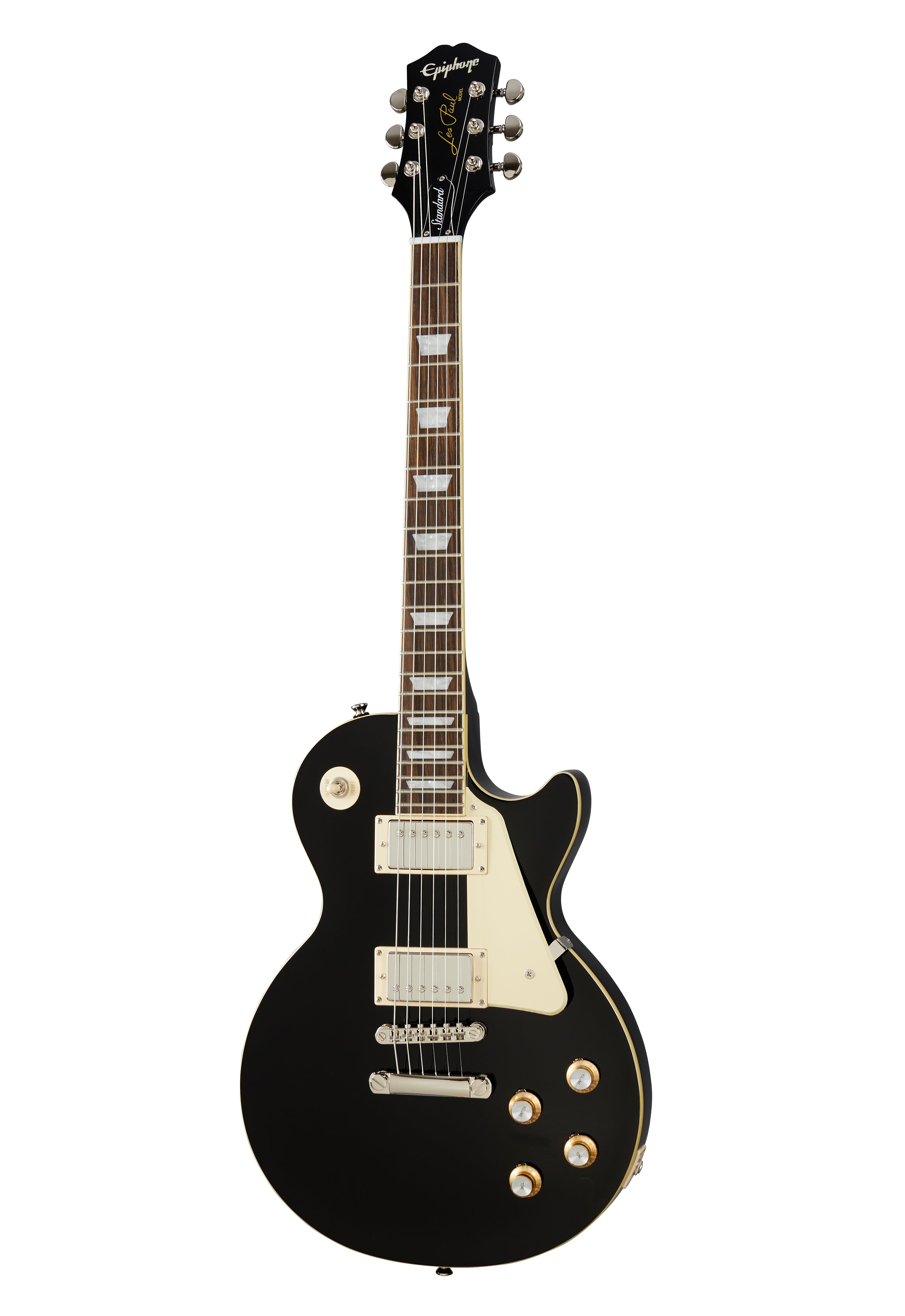 Black Epiphone Les Paul electric guitar with white pickguard, chrome hardware, four control knobs, and trapezoid inlays on the fingerboard.