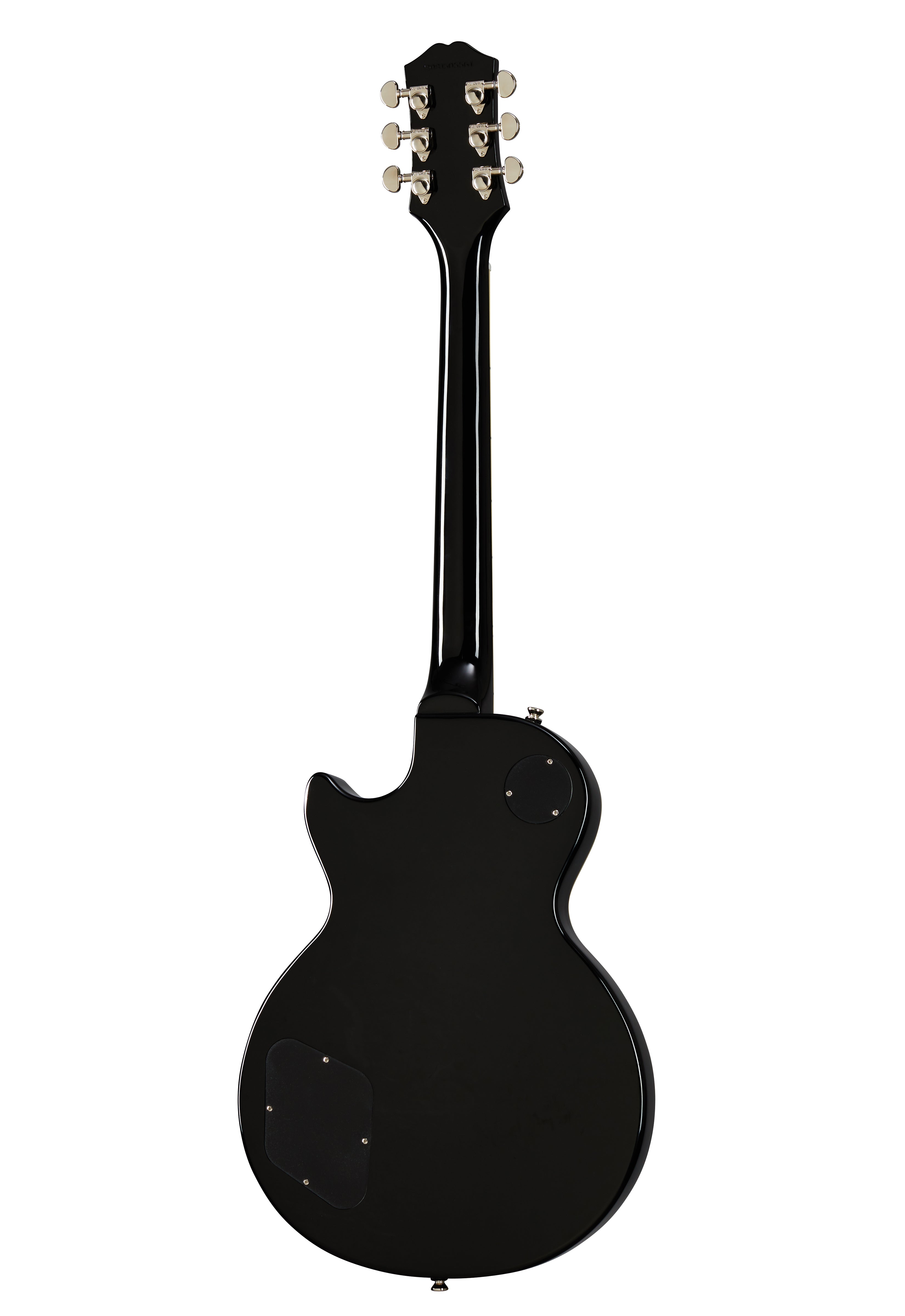 Solid black electric guitar seen from the back, with a single-cutaway body and two rear access panels; six tuning pegs are visible on the headstock.