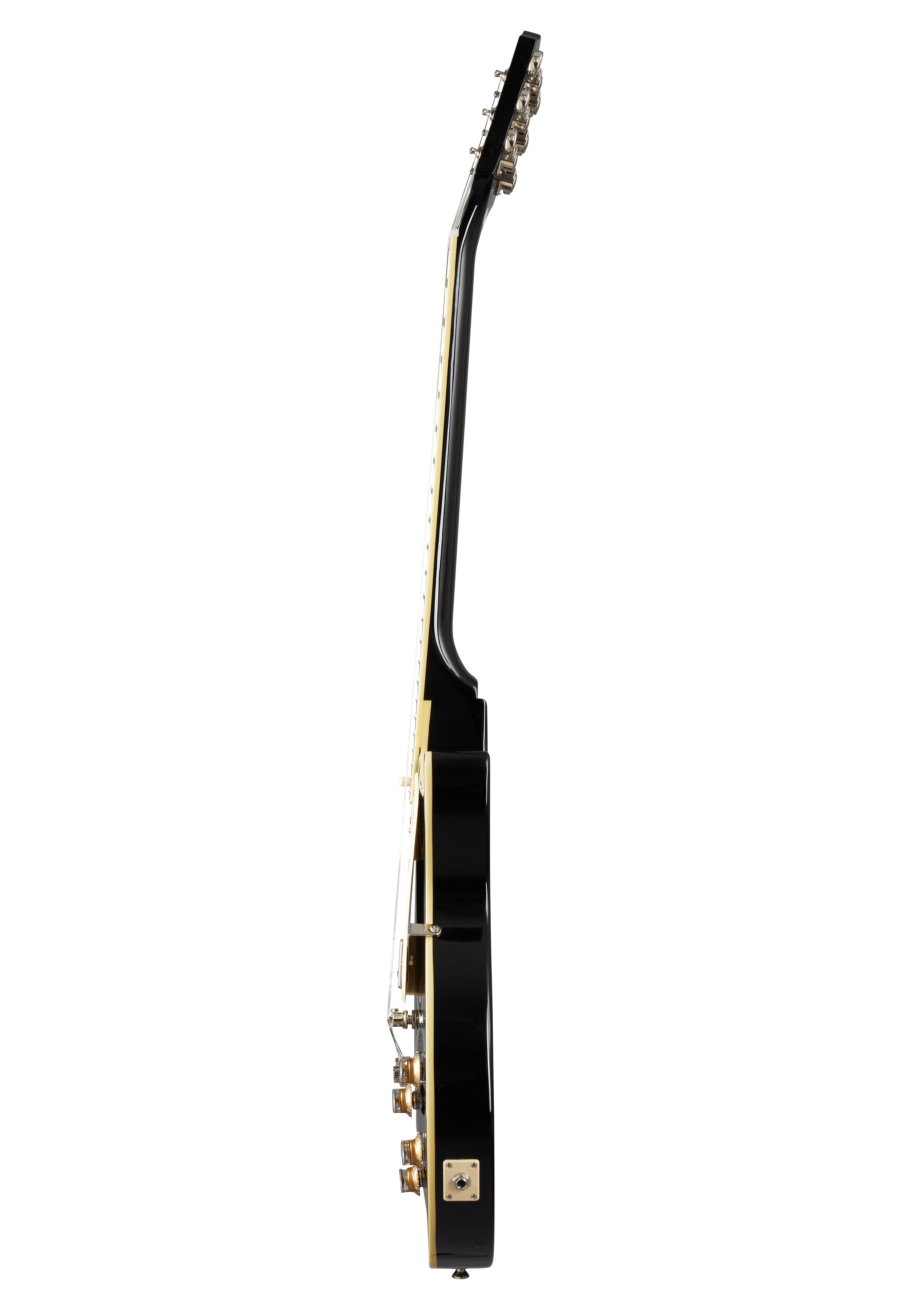 Black electric guitar shown from the side, highlighting its slim body, control knobs, and tuning pegs on the headstock.