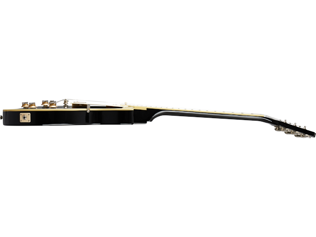 Black electric guitar shown from the side, highlighting its body thickness, smooth neck, and strings running the full length.