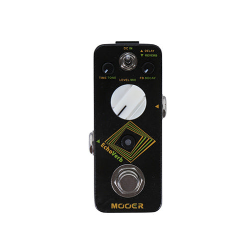 Black Mooer EchoVerb effects pedal with three knobs, a footswitch, and two small switches labeled Delay and Reverb on the top.