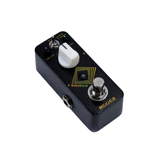 Compact Mooer EchoVerb effects pedal, black with a large white knob, footswitch, toggle switch, and input/output jacks on the sides.