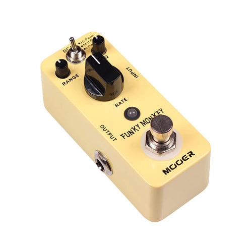 Compact yellow Mooer Funky Monkey effects pedal with a silver footswitch, black rate knob, toggle switch, and input-output jacks on the sides.