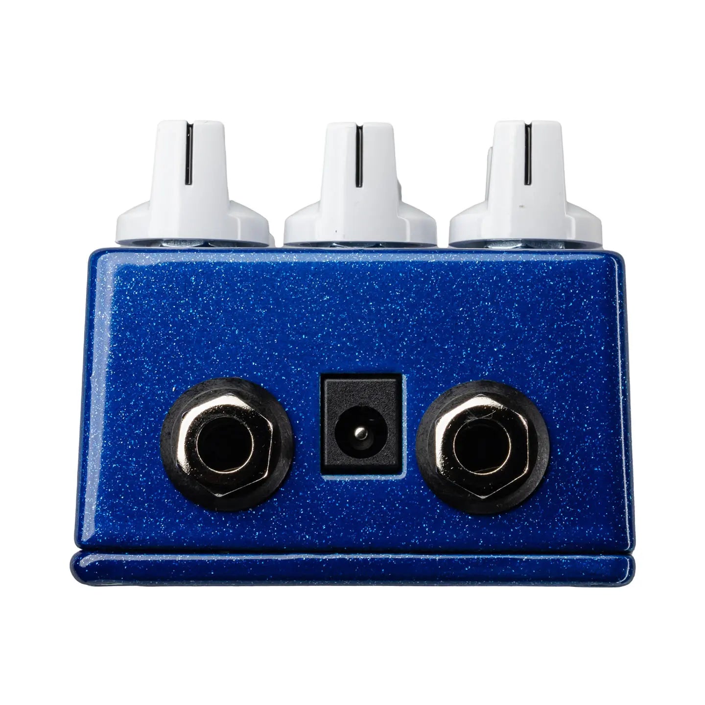 Blue FX pedal with three white control knobs on top, two metal input/output jacks, and a power supply port on the side.