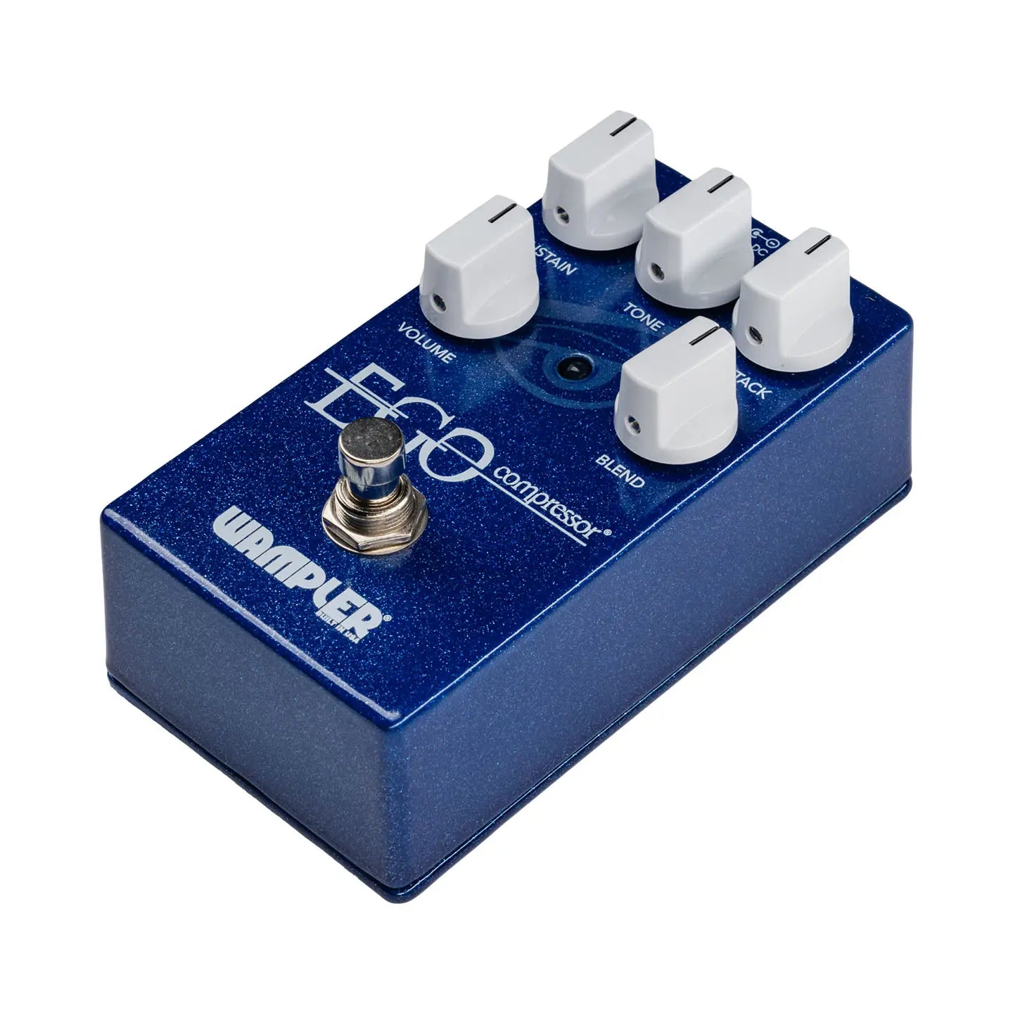 Blue Wampler Ego Compressor FX pedal with five white knobs labeled volume, sustain, tone, attack, blend, and a silver footswitch.
