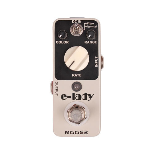 Compact effects pedal labeled "e-lady" with knobs for Color, Range, and Rate, plus a toggle switch labeled Filter/Normal. Brand is Mooer.