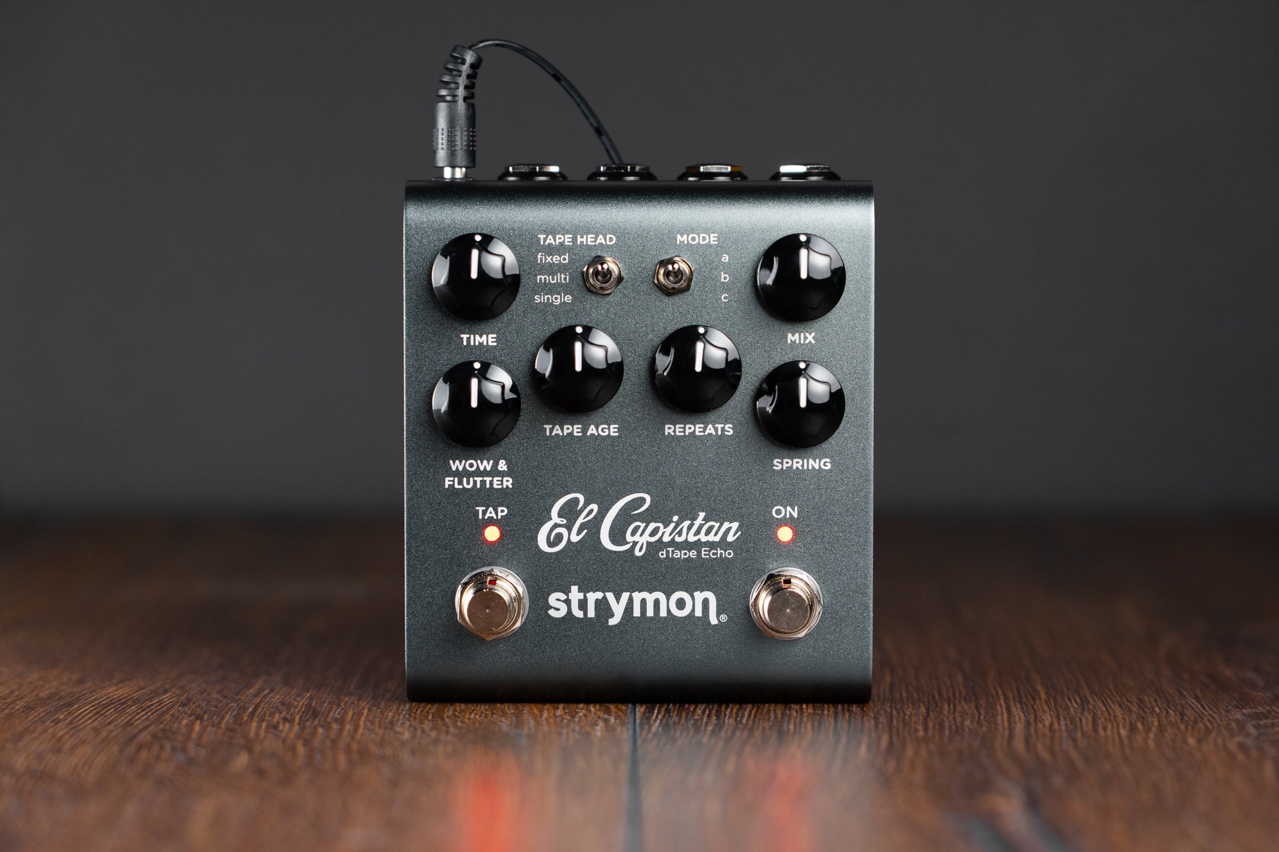 Strymon El Capistan dTape Echo FX pedal with six black control knobs, two toggle switches, two footswitches, and glowing red indicator lights.