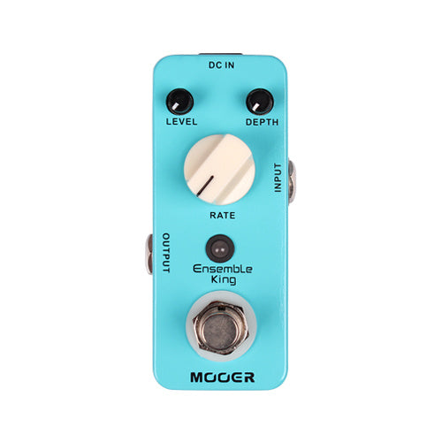 A compact blue effects pedal with three knobs labeled Level, Depth, and Rate, a footswitch, and jacks labeled Input and Output on either side.