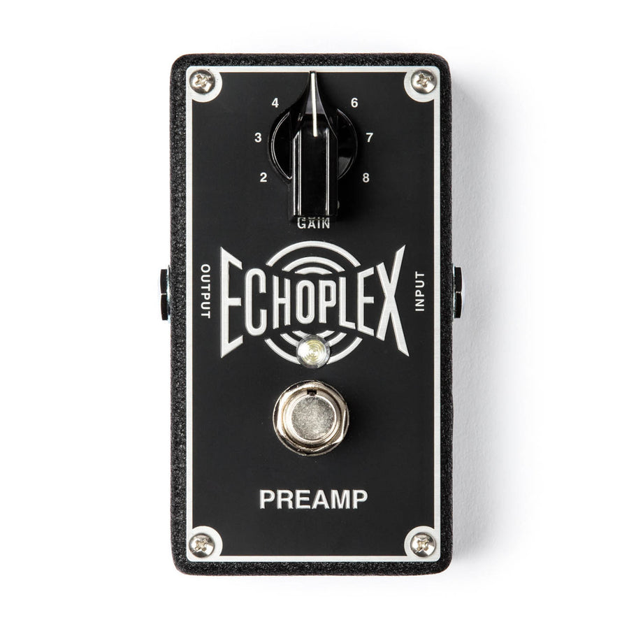 Echoplex Preamp FX pedal with one large gain knob at the top center and a footswitch below it, labeled input and output on the sides.