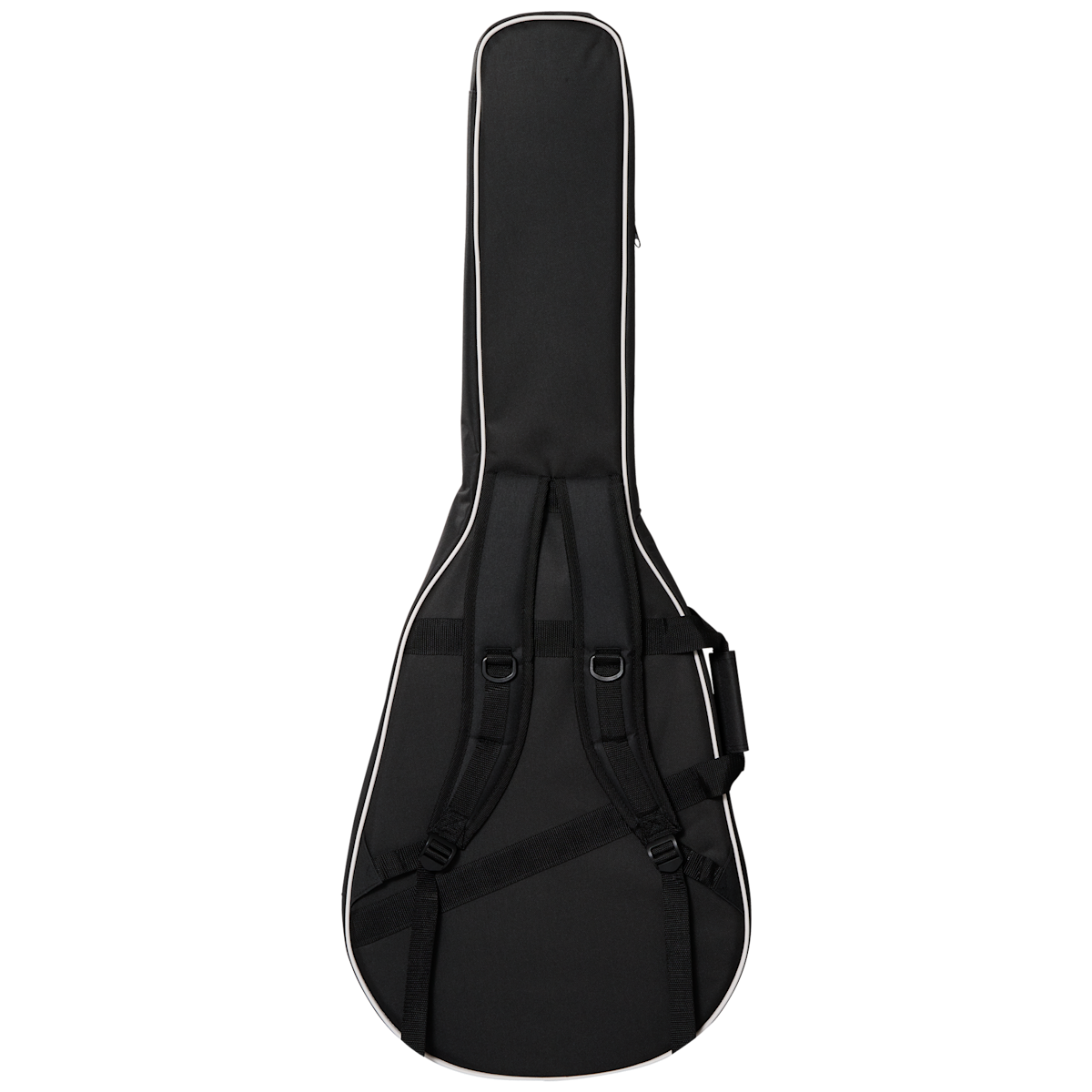 Black soft guitar gig bag with white trim, backpack straps, and side handle, designed to carry an Epiphone guitar.