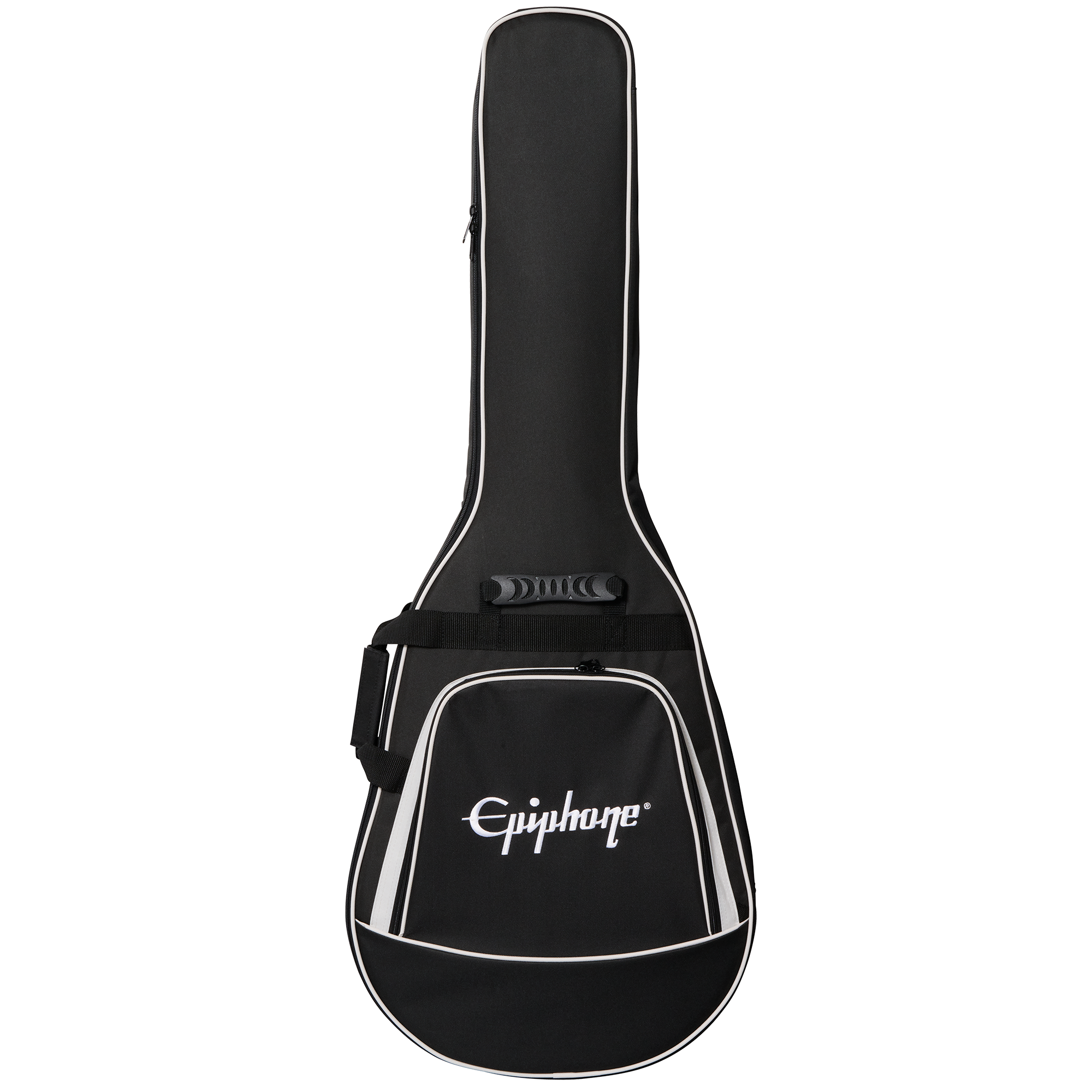 A black soft guitar case with white trim and "Epiphone" logo, a side handle, a shoulder strap, and a large front pocket.