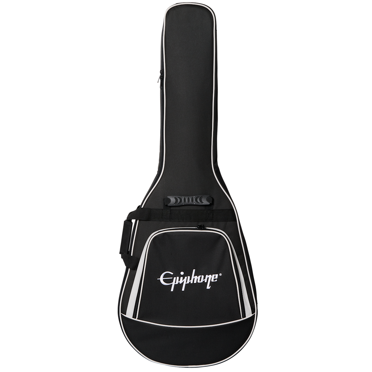 Black Epiphone guitar gig bag with white trim, a front zip pocket, side handle, and the Epiphone logo printed in white on the pocket.