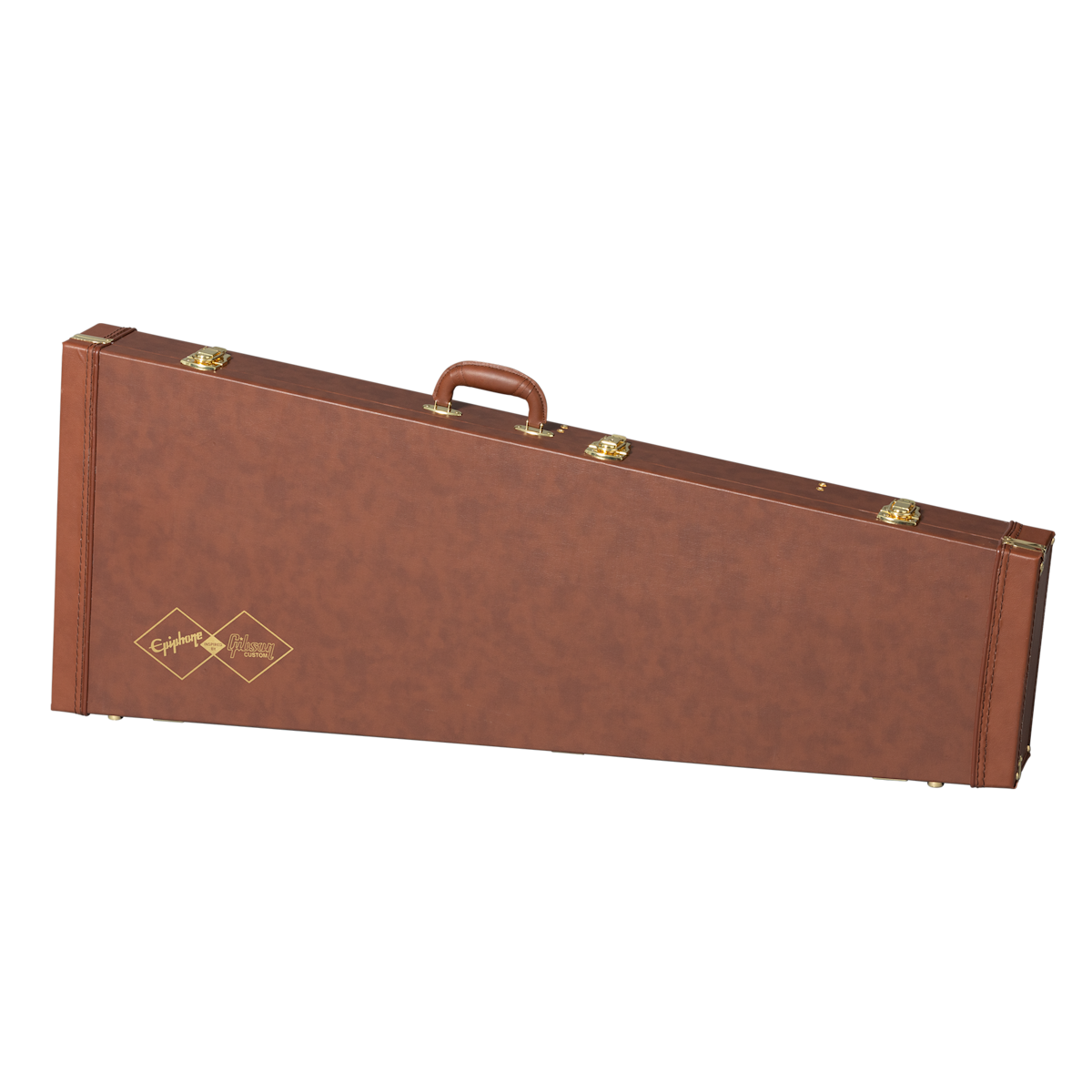 Brown hard guitar case with a handle, gold latches, and Epiphone and Gibson signatures printed on one end. Suitable for transporting an electric guitar.