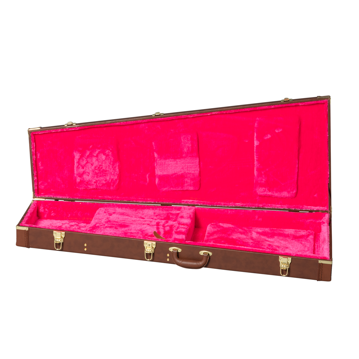 Rectangular electric guitar case open to show a plush, bright pink padded interior with compartments and gold latches on the brown exterior.