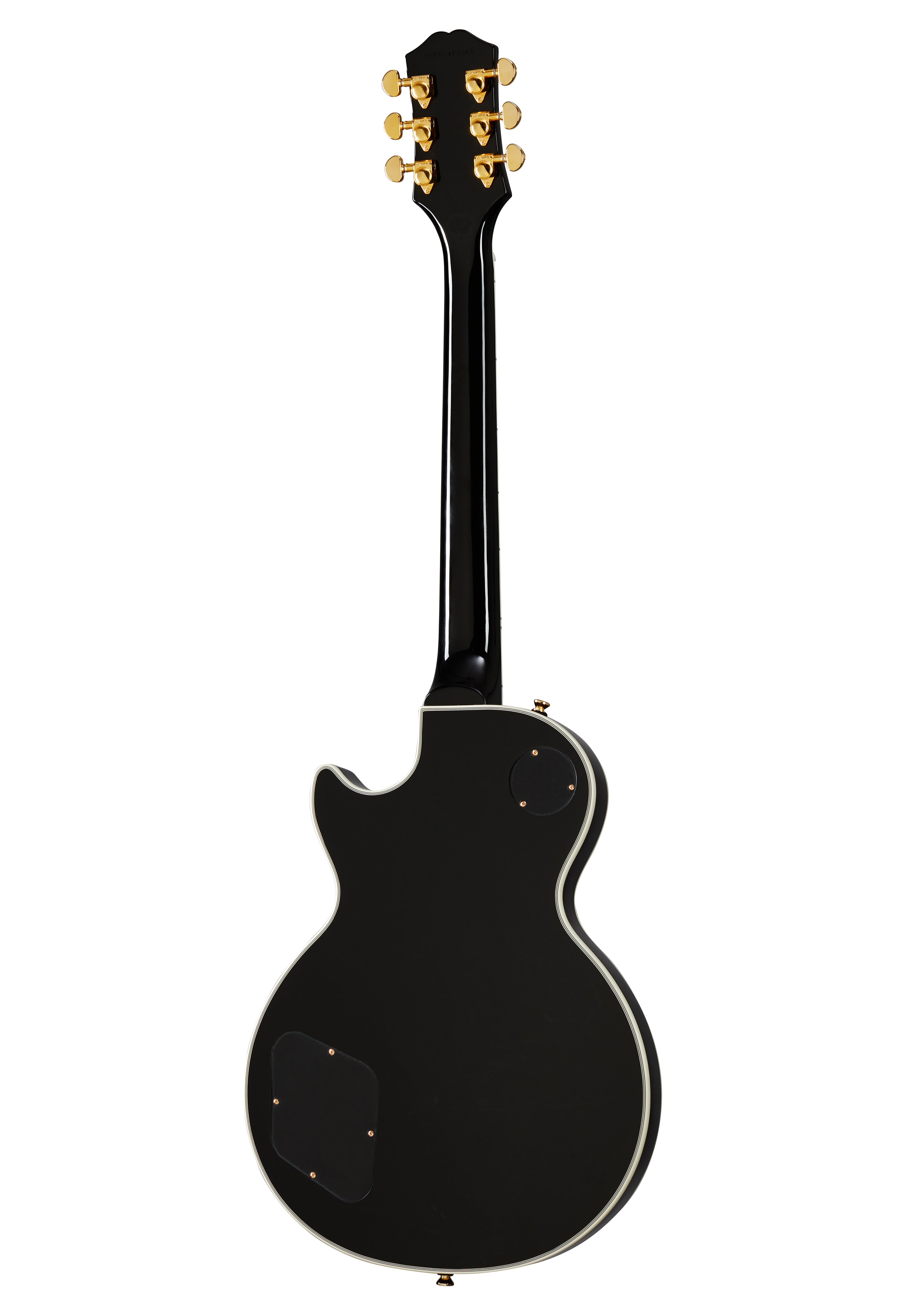 Black electric guitar shown from the back, gold tuning pegs, cream body outline, and two access panels on the body.