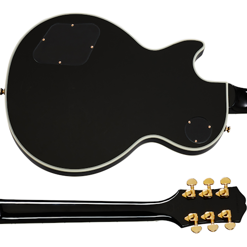 Glossy black electric guitar back and neck with white trim, gold tuning pegs, and two electronic cavity covers on the body.