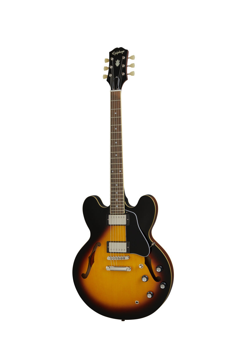 Sunburst semi-hollow body electric guitar with two pickups, four control knobs, f-holes, and a black pickguard.