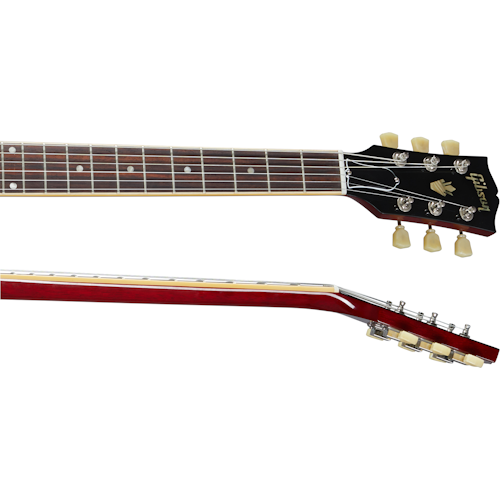 Close-up of a Gibson electric guitar neck and headstock, showing tuning pegs, frets, dot inlays, and a glossy red finish on the side.