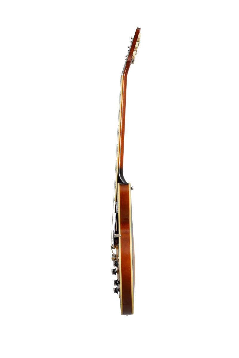 Side view of an electric guitar showing its brown wooden body, cream edge binding, and tuning pegs, with controls and bridge visible.
