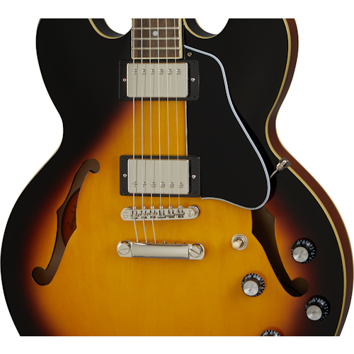 Sunburst semi-hollow electric guitar with two humbucker pickups, four control knobs, f-holes, and a black pickguard.