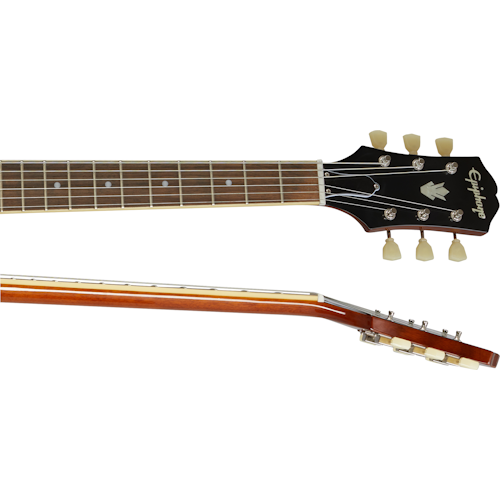 Close-up of an electric guitar neck and headstock, showing six tuning pegs, dot inlays on the fretboard, and a glossy wood finish on the neck.