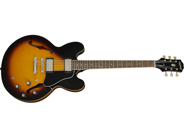 Sunburst semi-hollow body electric guitar with two humbucker pickups, four control knobs, and a double cutaway design.