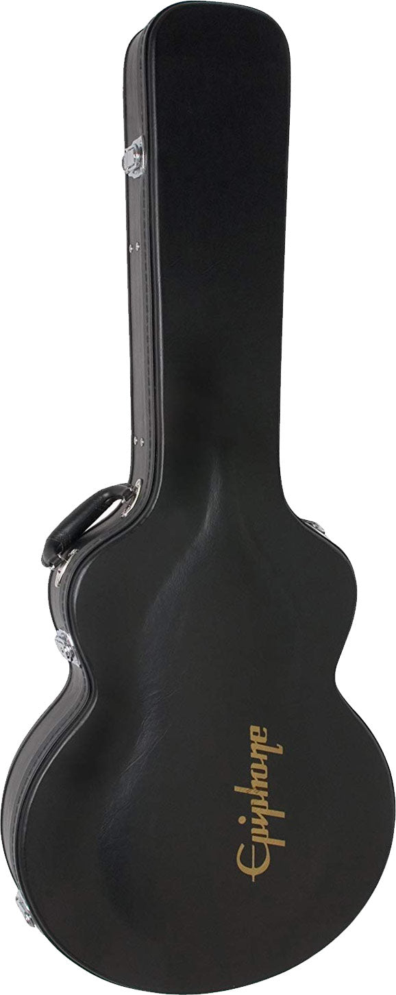 Black hard guitar case with silver latches, carrying handle, and the word "Epiphone" in gold lettering on the lower part.