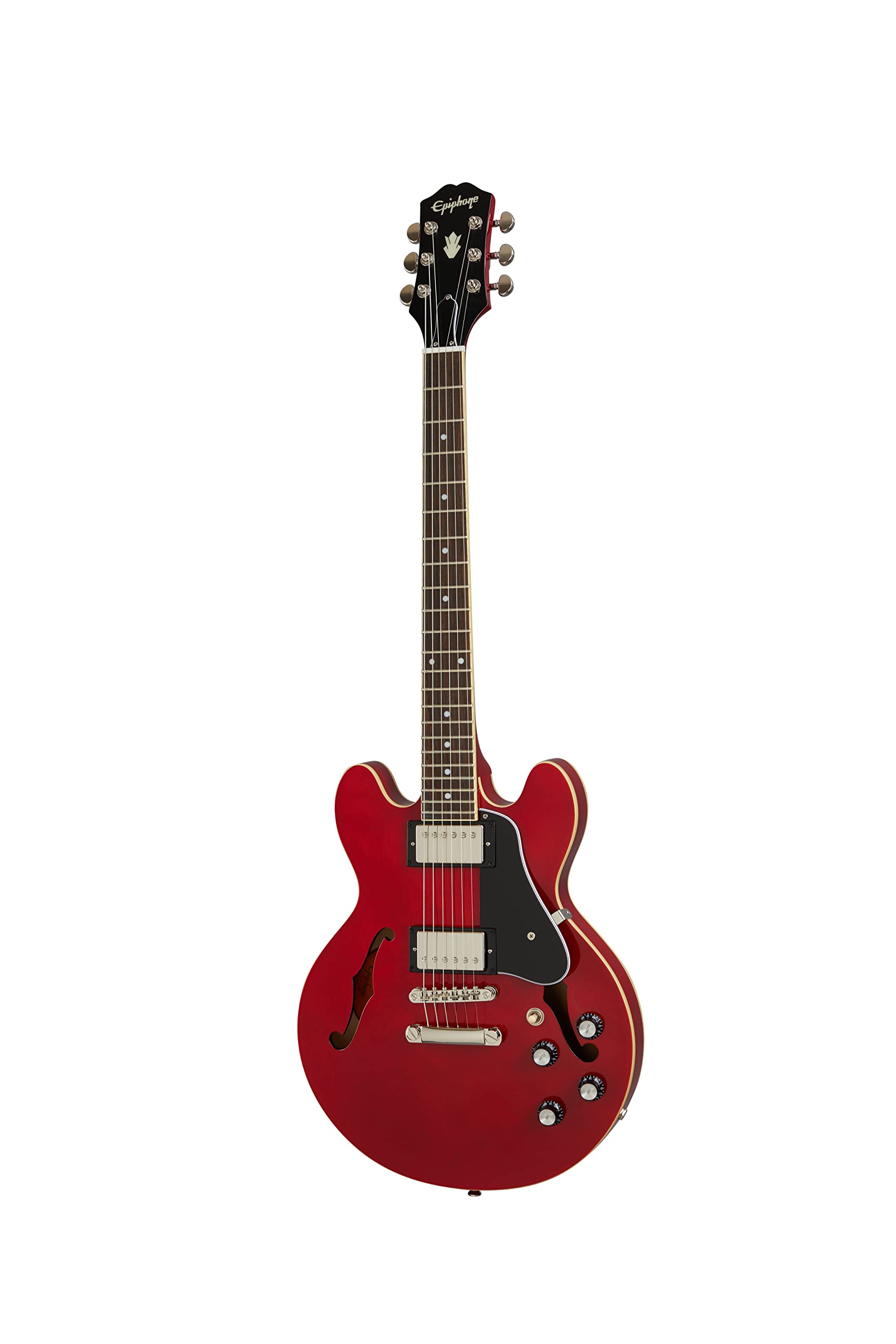Red semi-hollow body electric guitar with two humbucker pickups, four control knobs, and a black pickguard.