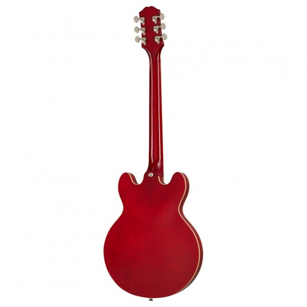 Red electric guitar shown from the back, with a double-cutaway body, cream binding, and six tuning pegs on the headstock.