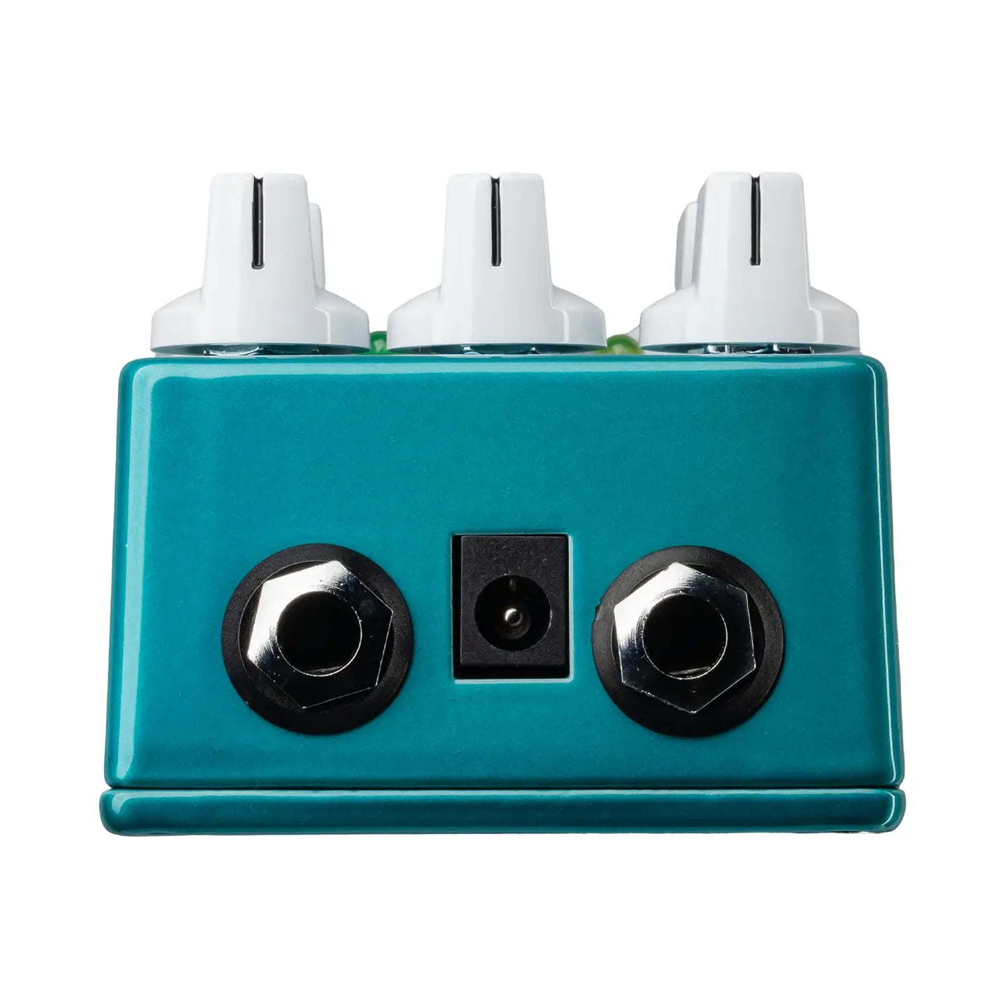 Teal effects pedal with two metal input/output jacks and a central power input on one side, plus three white control knobs on top.