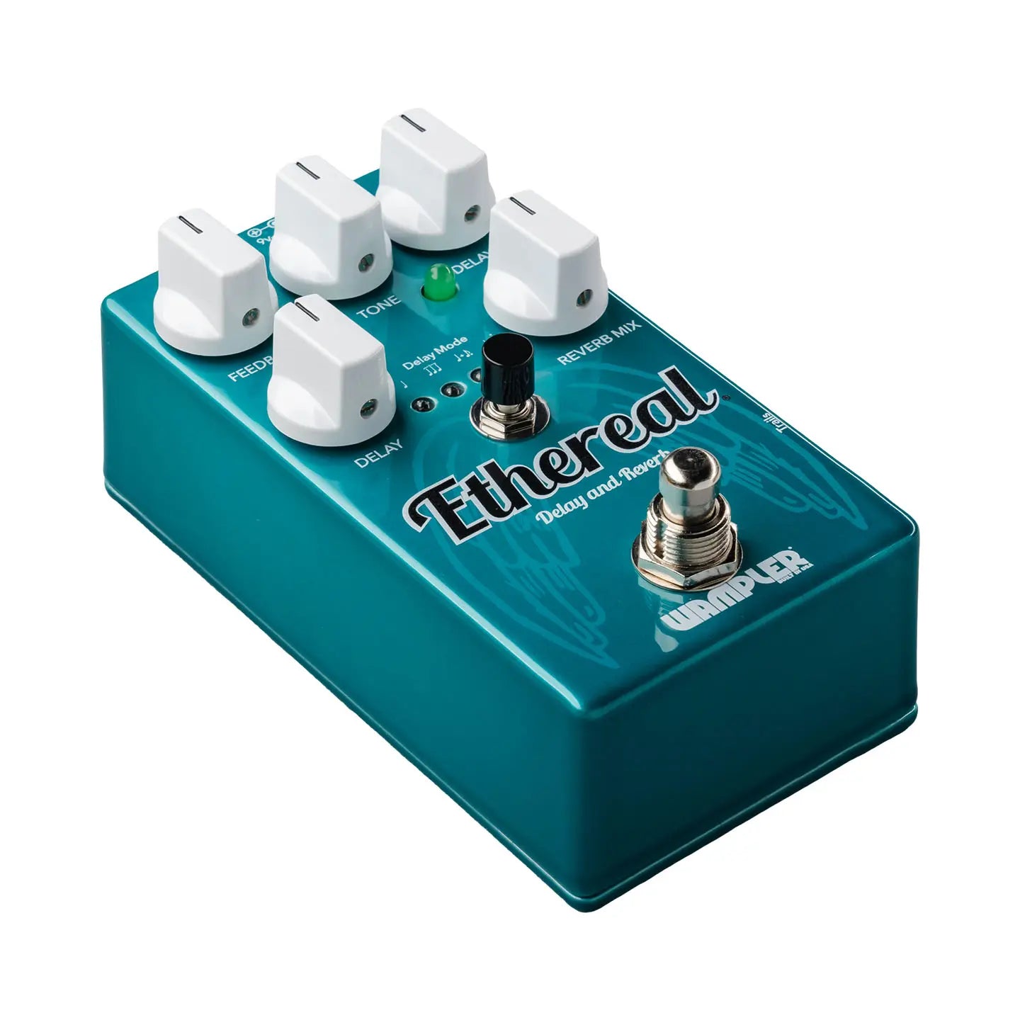 Turquoise Wampler Ethereal delay and reverb effects pedal with five white knobs, a black mini switch, and a silver footswitch on top.