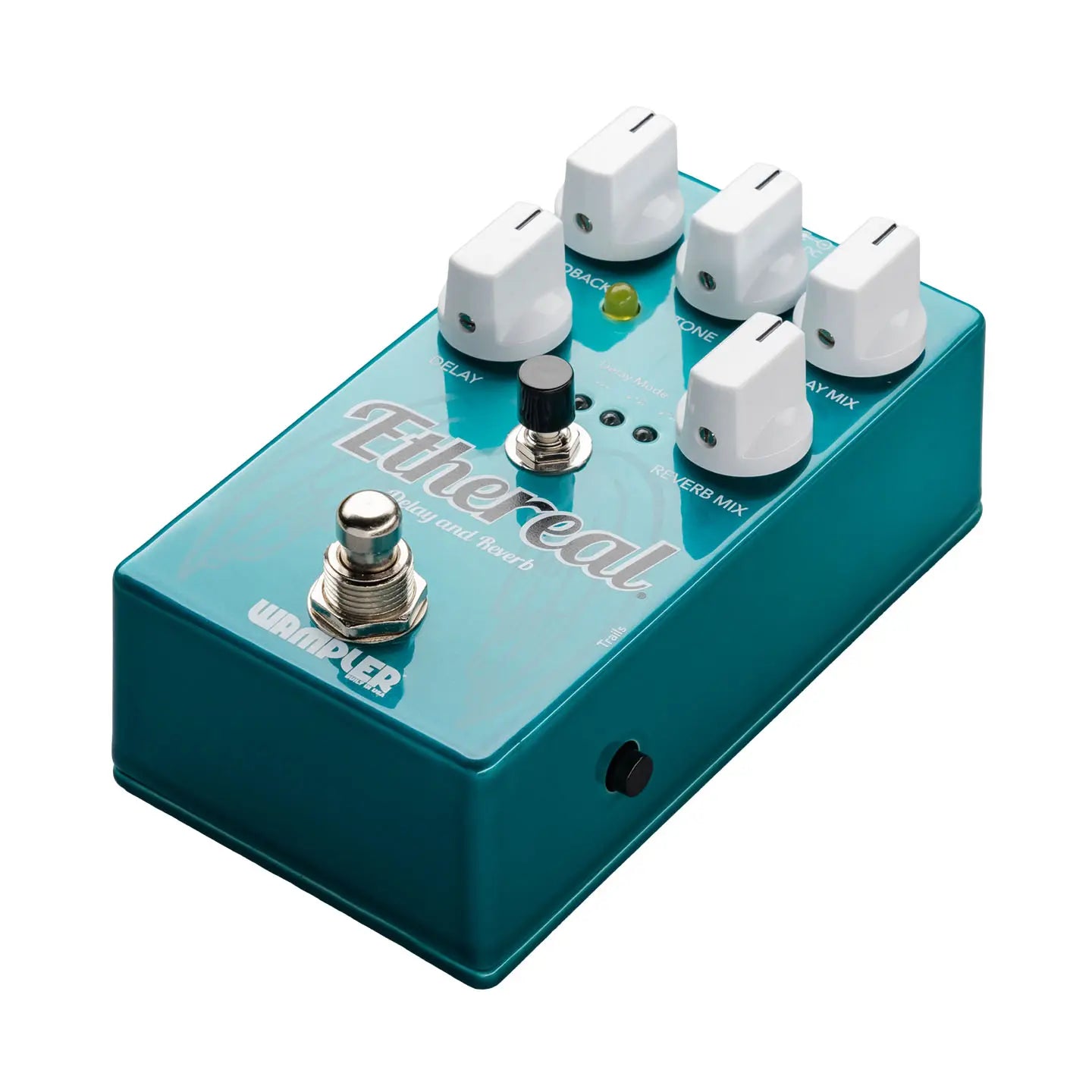 Teal Wampler Ethereal effects pedal with five white knobs, two footswitches, and a small yellow LED on its top surface.