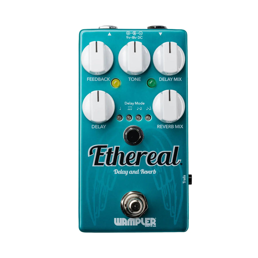 Wampler Ethereal Delay and Reverb effects pedal, teal color, five white knobs labeled Feedback, Tone, Delay Mix, Delay, and Reverb Mix.