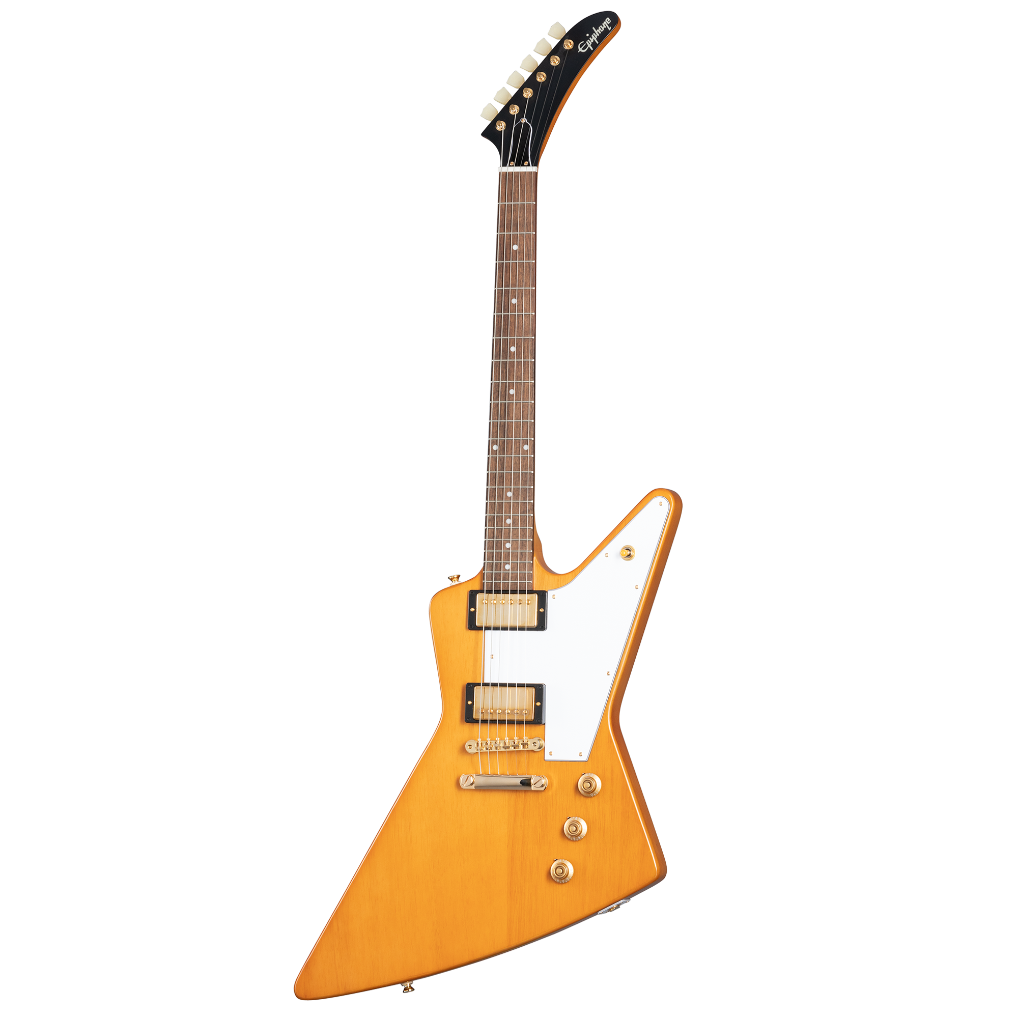 Electric guitar with a sharp, angular light brown body, white pickguard, two humbucker pickups, and gold hardware.