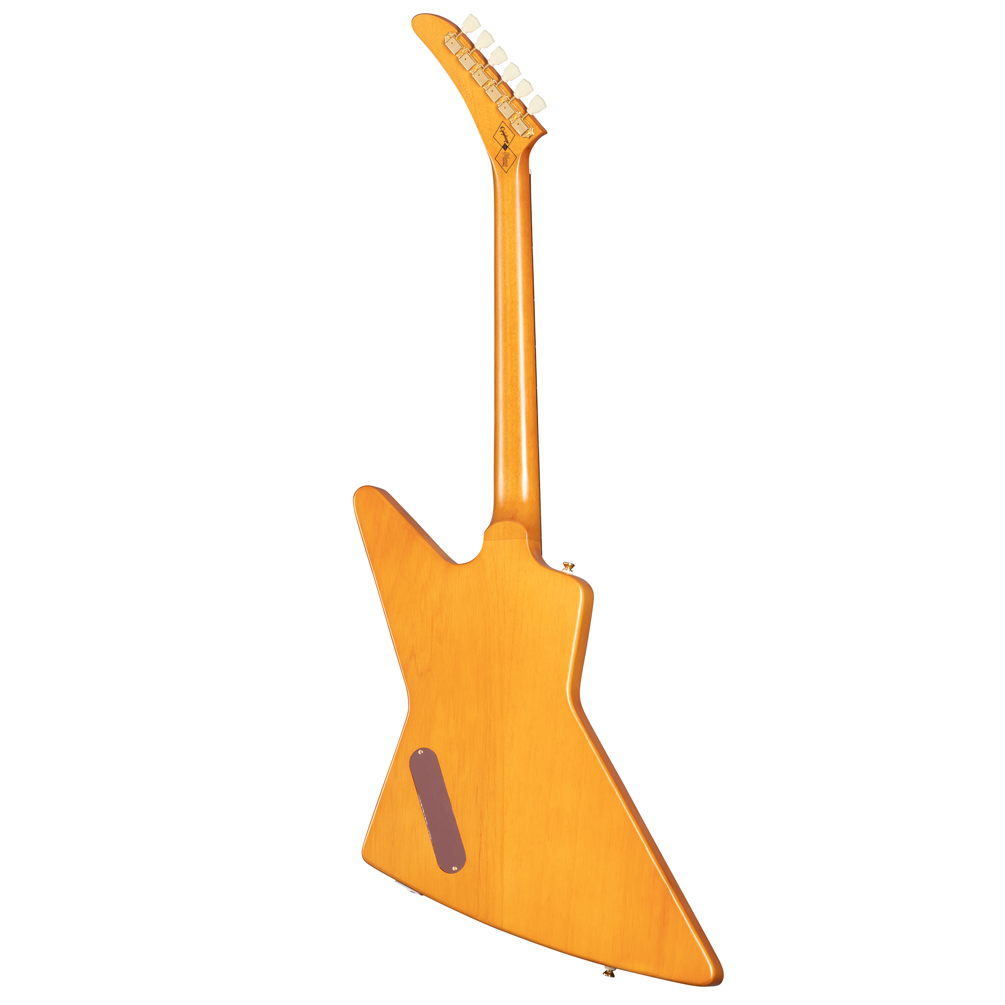 Natural wood finish electric guitar shown from the back, featuring an angular body, long neck, and six tuning pegs on an asymmetrical headstock.