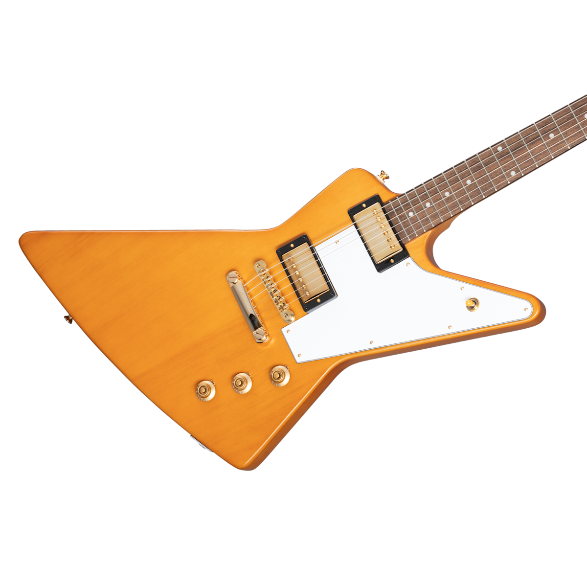 Electric guitar with a sharp, angular body in natural wood finish, white pickguard, two humbucker pickups, and four gold control knobs.