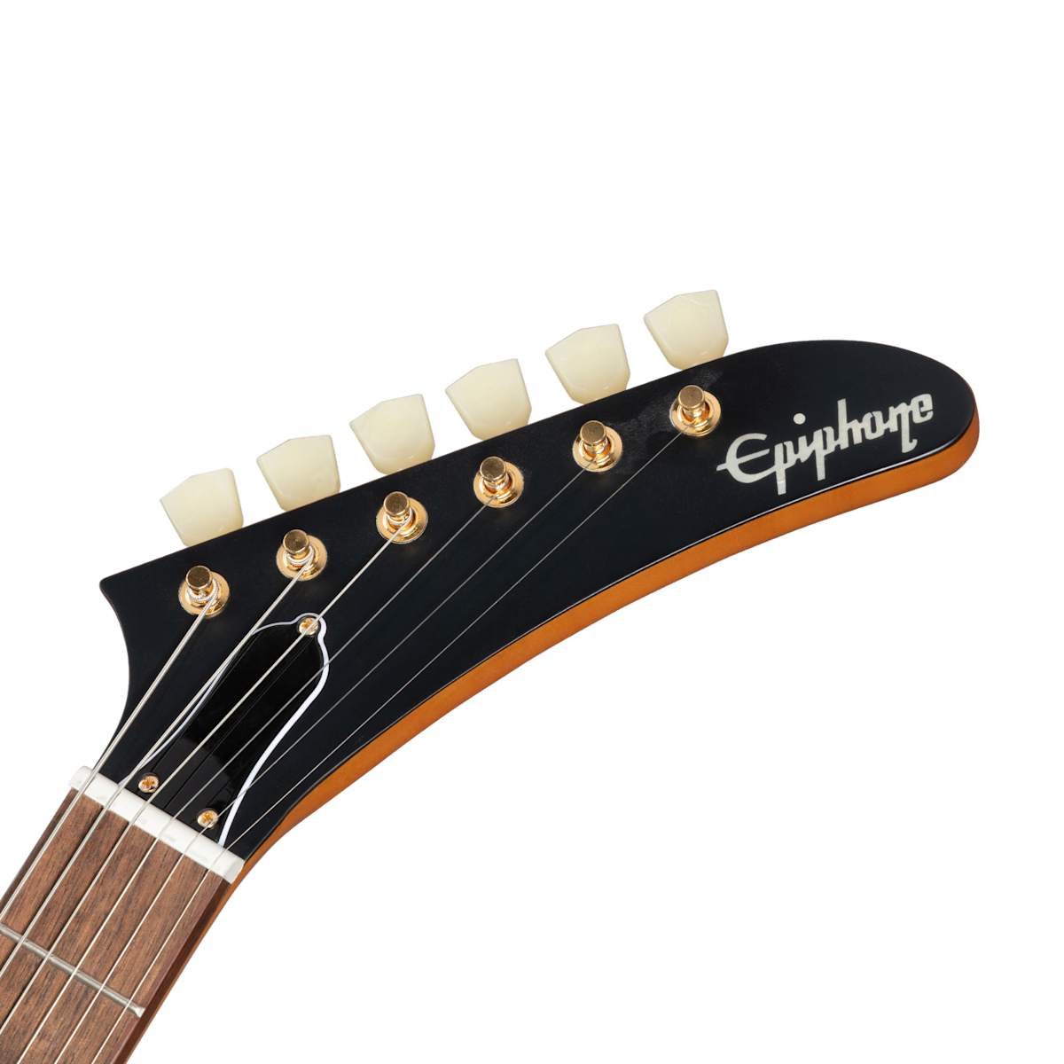 Epiphone electric guitar headstock with six gold tuning pegs, cream buttons, and white Epiphone logo on a black background.