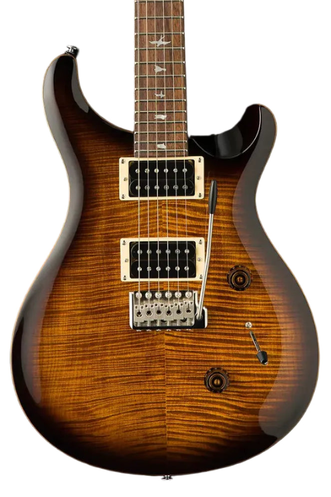 Sunburst brown electric guitar with a flamed maple top, two humbucker pickups, tremolo bridge, and bird inlays on the fretboard.