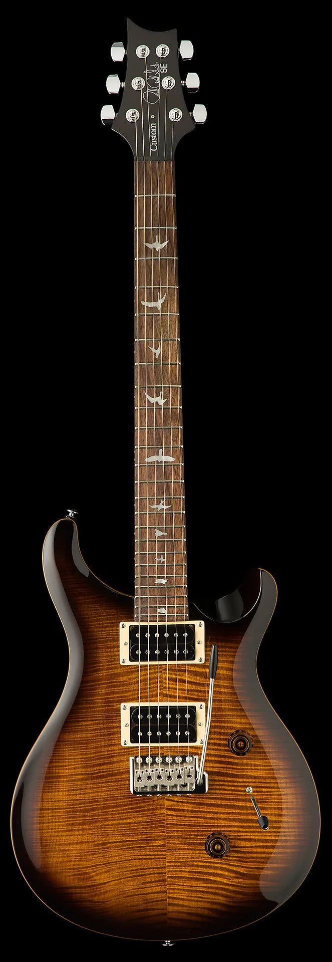 Brown sunburst electric guitar with two humbucker pickups, bird inlays on the fretboard, and a tremolo bridge system.