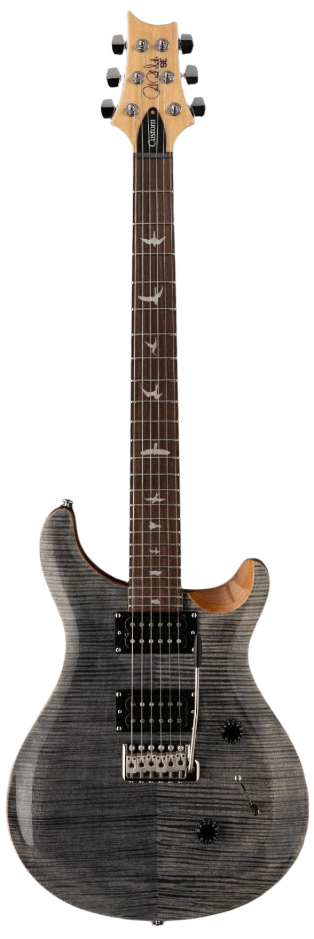 Gray electric guitar with a striped wood grain finish, two humbucker pickups, bird inlays on a dark fretboard, and black tuning pegs.